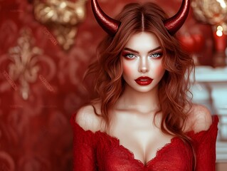 Fototapeta premium Captivating Devil Themed Portrait of a Stunning Redheaded Woman in Alluring Red Dress