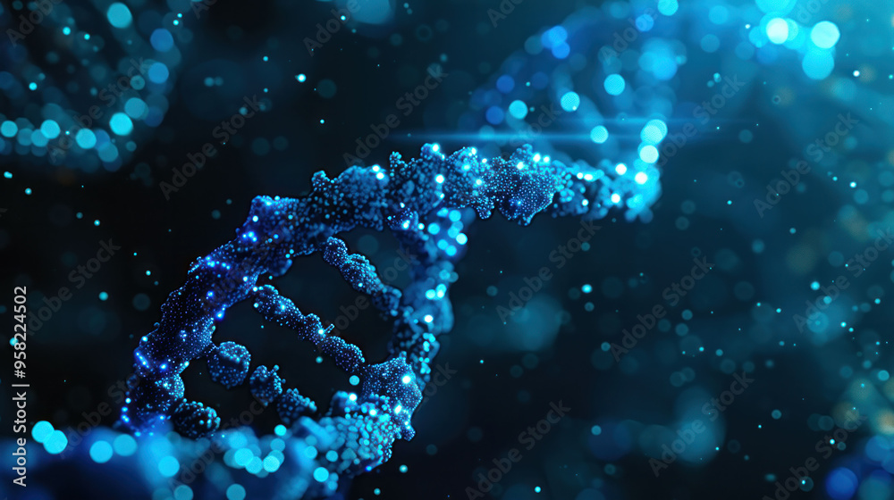 Poster digital representation of dna structure with glowing particles and blue tones, symbolizing genetic r
