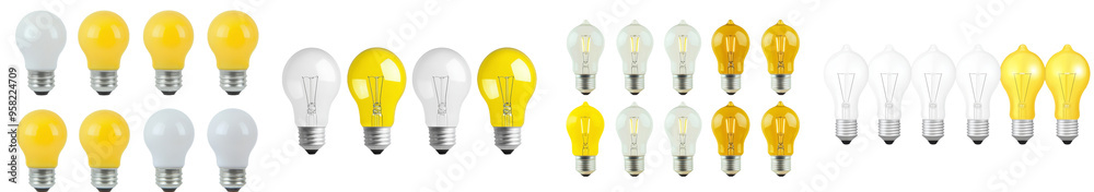 Poster A collection of 3D light bulb icons floating on transparent backgrounds