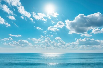 Obraz premium Panorama of clear sky background for summer vacation concept at ocean and summer sea water with sunlight of beautiful cloudy sky , ai