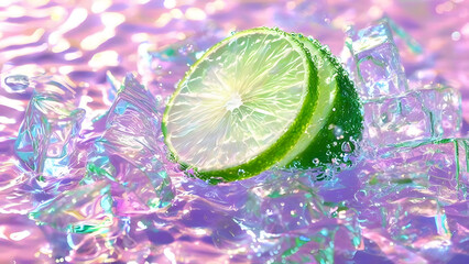 High-Resolution Close-Up of Lime Slice with Ice Cubes - Fresh and Cool Aesthetic with Water Droplets