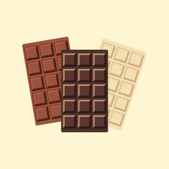 Dark, milk and white chocolate bar set. Unwrapped square pieces of different chocolate. vector illustration