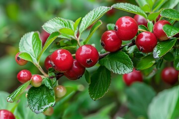 Cotoneaster branch with ripe red berries growing in the summer sun