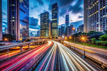Obraz premium long exposure shot of busy highway under neon city lights with blurred cars and towering skyscrapers in cool urban mood