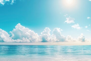 Obraz premium Panorama of clear sky background for summer vacation concept at ocean and summer sea water with sunlight of beautiful cloudy sky , ai