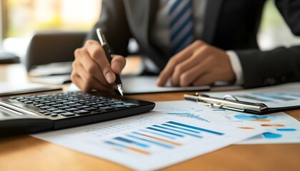 Fototapeta premium Close-up of a businessman's hands working with financial documents and a calculator.