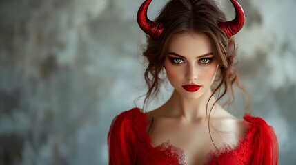 Fototapeta premium Alluring Devil Horned Woman in Elegant Red Makeup for Halloween Portrait