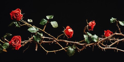 blood red roses on thorny curly vine with green leaves and twisting branches against a dark background