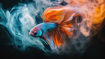 Fototapeta premium A betta fish with a very attractive color and decorated with a tail with a colorful smoke-like effect looks very beautiful