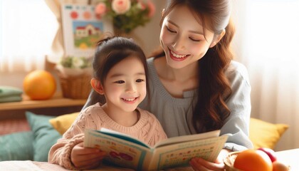 mother and child reading book together