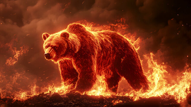 The image of a fiery red bear standing in a blaze, representing the destructive power of a bear market