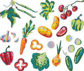 A set of hand-painted vegetable spots