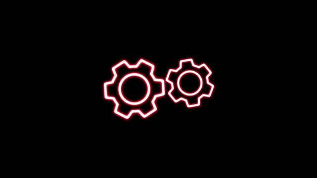 Spinning gears animation. glowing neon setting icon, red color settings icon. Glowing neon line setting icon with spinning gears icon animation.