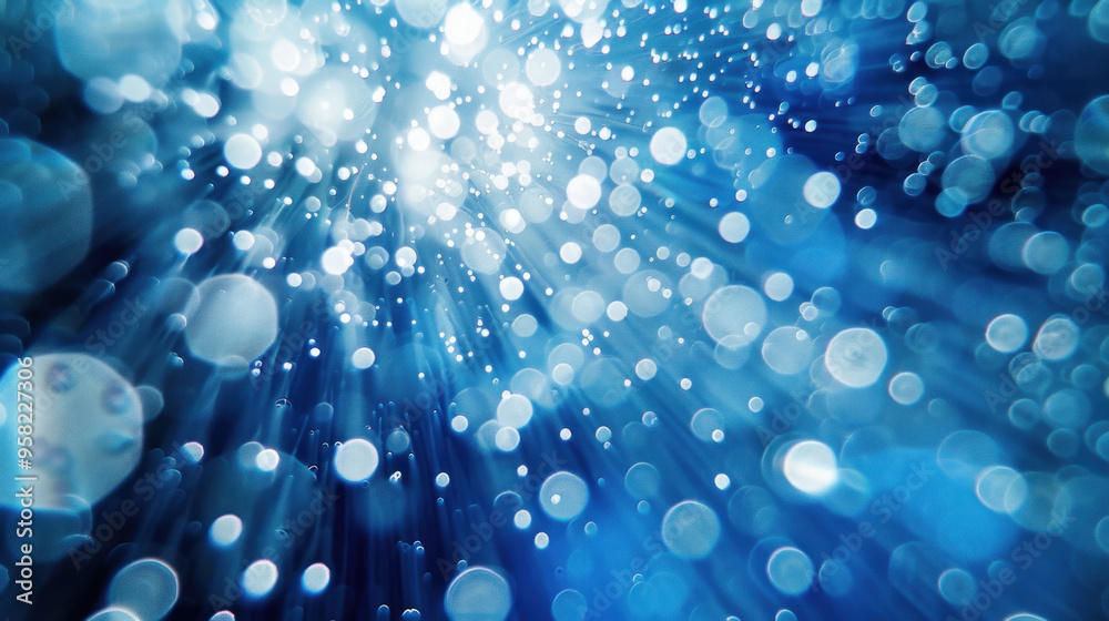 Poster bright blue underwater light creates mesmerizing effect with shimmering bubbles and rays.