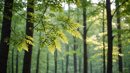 Gentle breeze rustling the leaves of a forest, mild weather, peaceful nature scene