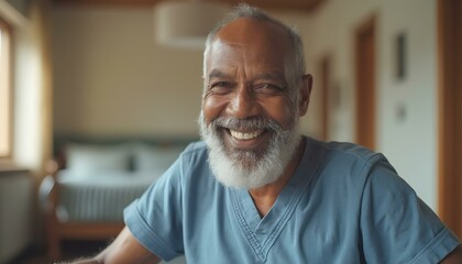 Obraz premium A Happy American senior man sitting on sofa at nursing home looking at camera