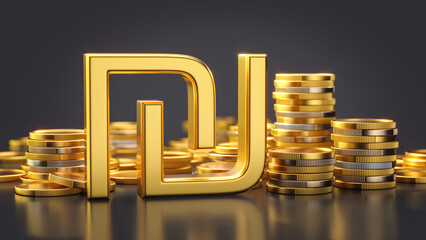 Golden Israeli Shekel sign surrounded by stacks of gold coins