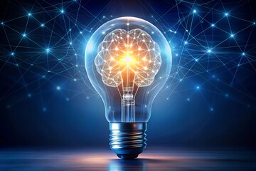 Lightbulb with glowing brain inside on dark blue background. 3D rendering Glowing light bulb with human brain inside on dark background. 3D rendering