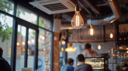 Cozy cafe interior with warm lighting and modern decor, creating welcoming atmosphere.