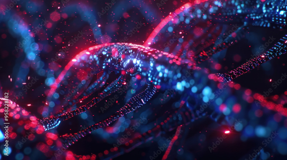 Aufkleber Vibrant abstract representation of interconnected strands in red and blue, evoking sense of depth and movement.