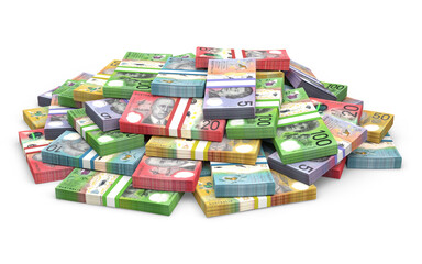 Piles of Australian dollar banknotes. AUD the official currency of Australia.