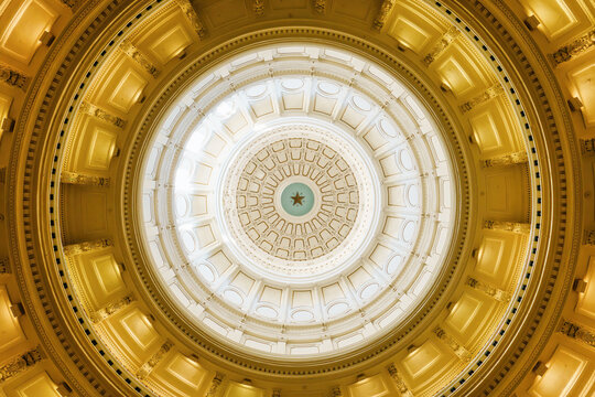 AUSTIN, TEXAS, USA - AUGUST 9, 2024: Texas State Capitol in Austin, Texas, USA. Inside the Capitol, the dome and rotunda interior.