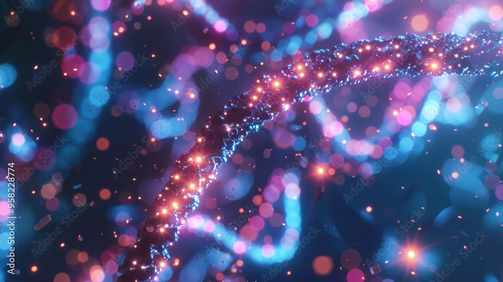 Poster A vibrant representation of DNA strands illuminated with colorful lights, creating mesmerizing visual effect.
