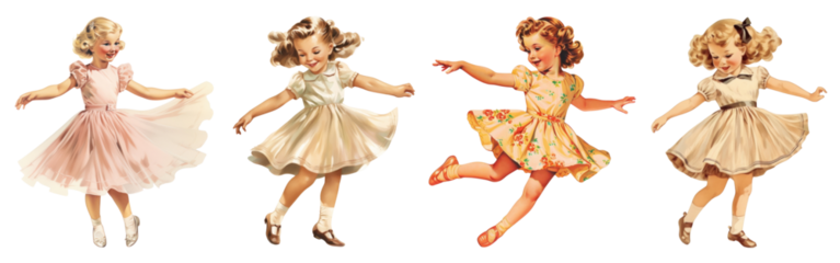 Vintage girl dancing illustration png cut out element set