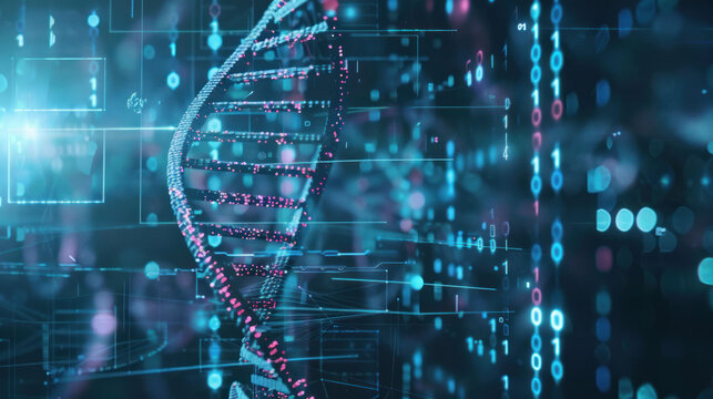 Digital DNA structure with data visualization, showcasing genetic information and technology.