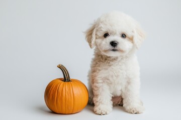 Obraz premium Bichon Frise puppy sitting next to a small pumpkin on a white background