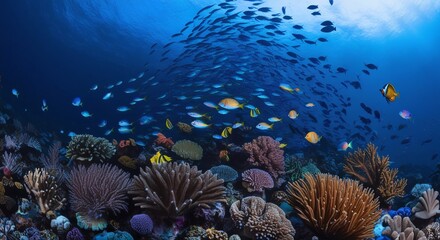 deep blue sea, capturing the vibrant colors of a thriving underwater ecosystem, with a vast array of coral species, including brain coral, fan coral