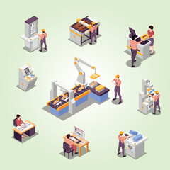 Shoes production infographic set with factory symbols isometric vector illustration