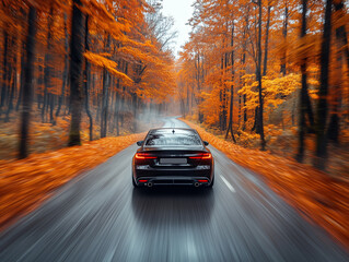 A luxurious car navigates a winding road surrounded by trees adorned in brilliant autumn foliage. Raindrops glisten on the road, adding to the moody atmosphere