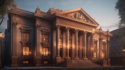 Obraz premium Grand bank building with towering columns, centered and facing directly towards the viewer. The architecture is classical, featuring intricate stonework with golden accents on the columns and facade.
