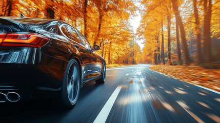 A sleek black car drives swiftly along a winding road flanked by trees showcasing brilliant autumn colors. The scene captures the essence of fall