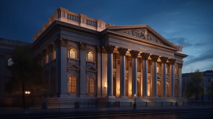 Obraz premium Grand bank building with towering columns, centered and facing directly towards the viewer. The architecture is classical, featuring intricate stonework with golden accents on the columns and facade.