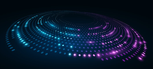 Digital circles of glowing blue and purple dots on black background. Perspective view to abstract dotted circle. Big Data visualization into cyberspace. Vector illustration. EPS 10.