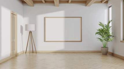 Modern hallway with blank 16:9 frame TV, feet level shot, lamp and plant included, sliced perspective, one point perspective. 32k, full ultra HD, high resolution
