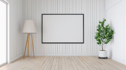 Modern hallway with blank 16:9 frame TV, feet level shot, lamp and plant included, sliced perspective, one point perspective. 32k, full ultra HD, high resolution