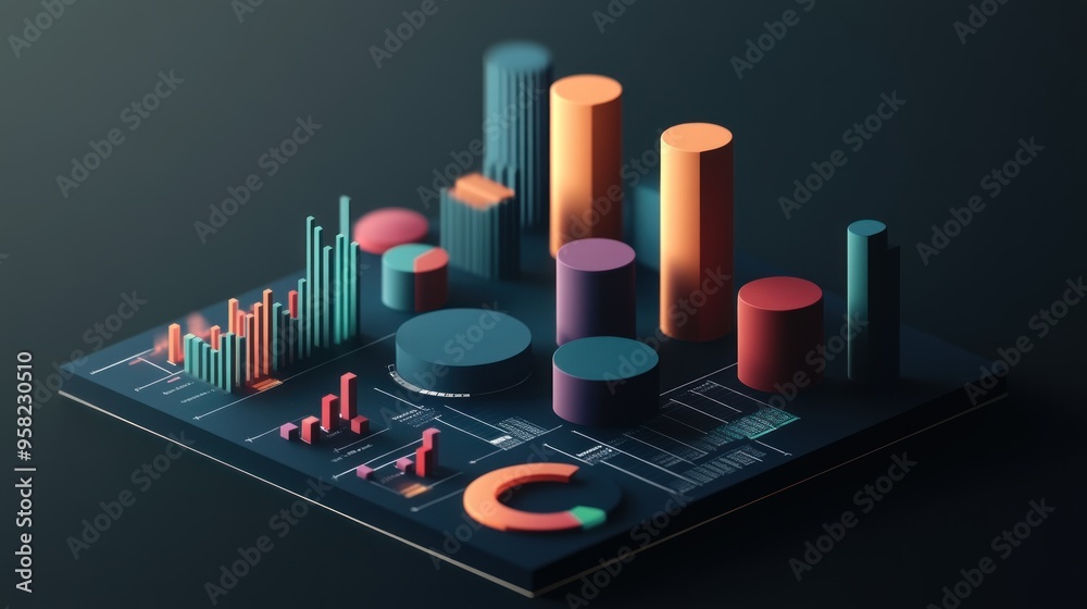 Poster 3D Rendered Geometric Shapes Representing Data and Charts