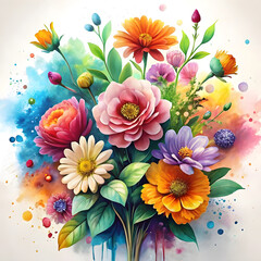 colorful flowers in splash watercolor style