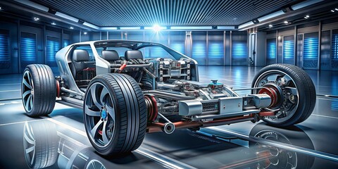 Fototapeta premium Futuristic high-tech vehicle with exposed inner mechanics