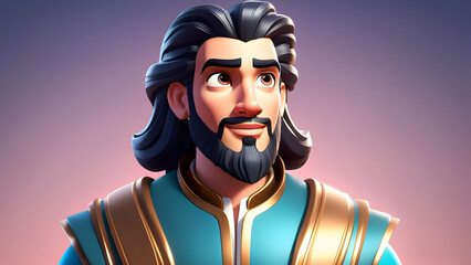 Stylized Animated Heroic Character with Dark Beard in Blue and Gold Medieval Outfit - Regal Appearance on Soft Gradient Background