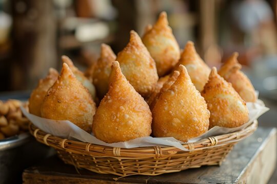 Delicious deep fried savory pastries sitting in a basket for sale at a street food market