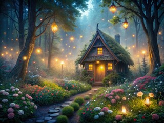 Fototapeta premium Whimsical fairytale-like scene features a tiny cottage with twinkling string lights and overflowing flower garden amidst a mystical forest with twinkling fireflies and misty atmosphere.