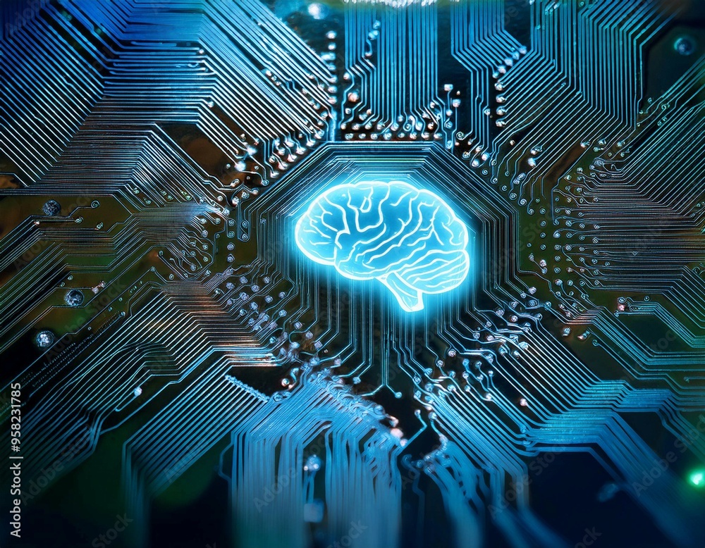 Poster intricate circuit board with illuminated brain symbol representing artificial intelligence technolog