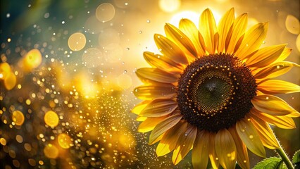 Fototapeta premium Close-up of sunflower with water droplets on petals and backlight creating a stunning boom of light