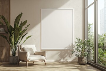 Poster Frame in Beige minimalist living room interior created with generative AI