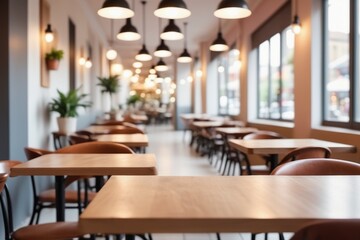 dining table with comfortable chairs in a spacious, contemporary restaurant with large windows