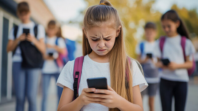 Cyberbullying, abuse concept. Pre-Teenage caucasian Girl Being Bullied By Text Message. Stressed, frustrated, overwhelmed with online bullying. schoolkids bullying schoolgirl online in classroom